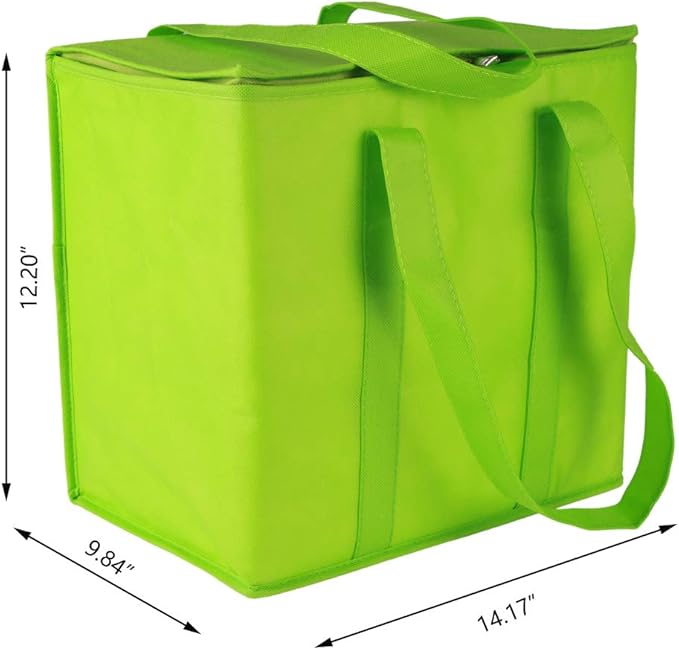 Ezek Reusable Insulated Grocery Bags in Green, Stand Upright, Double The Sturdy Zipper, Eco-Friendly Heavy Duty Non-Woven Reinforced Bottom & Handles.