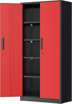 Greenvelly Metal Garage Storage Cabinet with Lock, 72" Metal Storage Cabinet with 2Doors and 4Adjustable Shelves, for Home Office, School,Gym (Black&Red)
