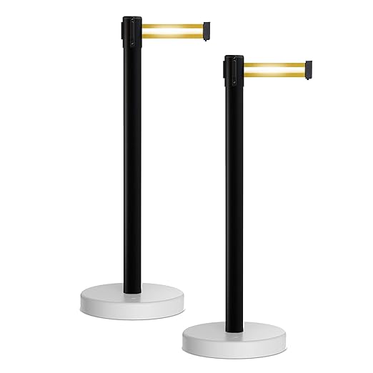 Crowd Control Warehouse - CCW Set of 2 Retractable Belt Barrier Stanchion, Water Fillable Base MSH630-11 Foot Belt, Yellow Horizontal Reflective Stripe with Black PVC Plastic Post