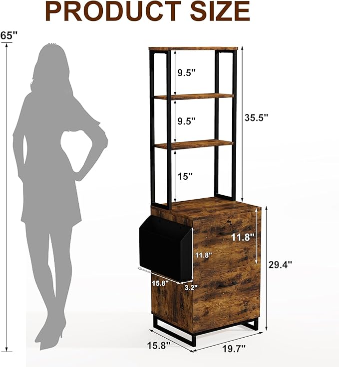 Locking Double Drawer File Cabinet with 4-Tier Display Shelf & Storage Bag, Vintage Rustic Brown Printer Stand for Home Office