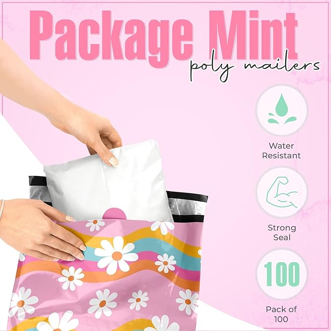 10x13 Poly Mailers – Groovy Daisy – Waterproof, Tear-Resistant Shipping Bags with Adhesive Seal – 100 Pack – Package Mint