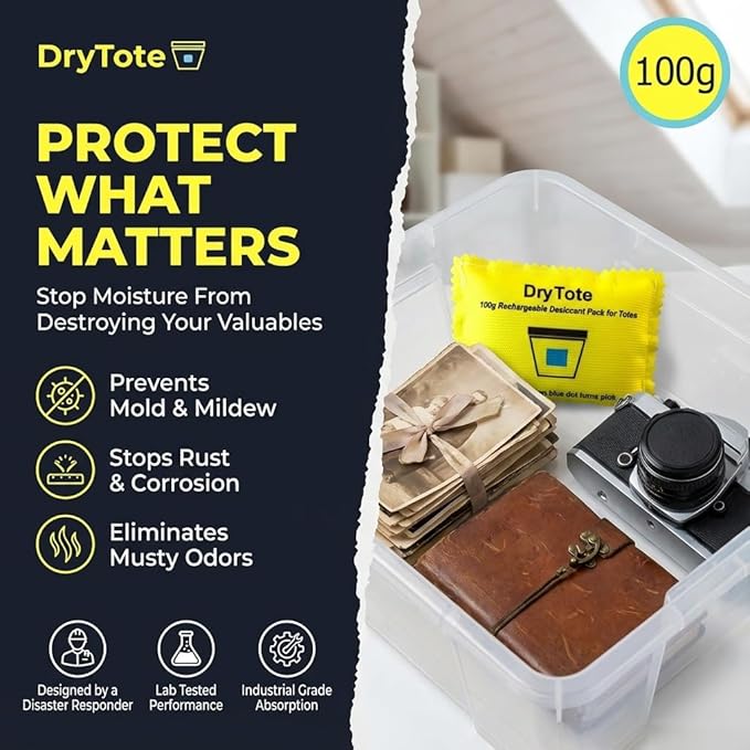 DryTote Rechargeable Desiccant Pack (Pack of 10), Ultimate Moisture Absorption, Color Change Indicator, Safe Storage Protection, Large Capacity 200 Gallons, 100g, Yellow