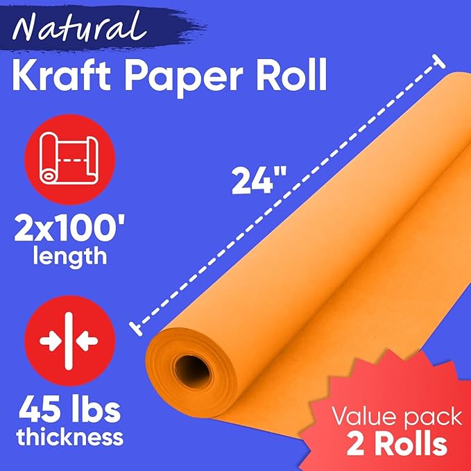 24" x 1200" (100 ft) Orange Kraft Paper Roll (Value Pack of 2), 45 lbs Thickness, Made in USA Colored Kraft Paper for School, Bulletin Board - Odorless, Non-Toxic, Safe for Kids