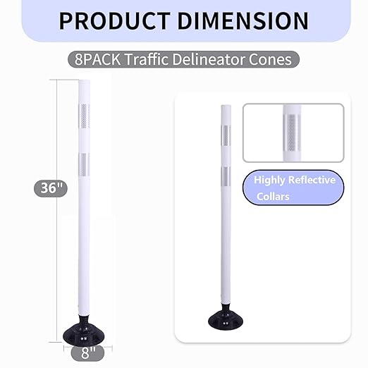 BESEA 8 Pack 36 Inch Traffic Delineator Posts with Reflective Collars White Road Cones,White Durable Flexible Safety Cones for Construction, Parking Lot, and Roadway Use
