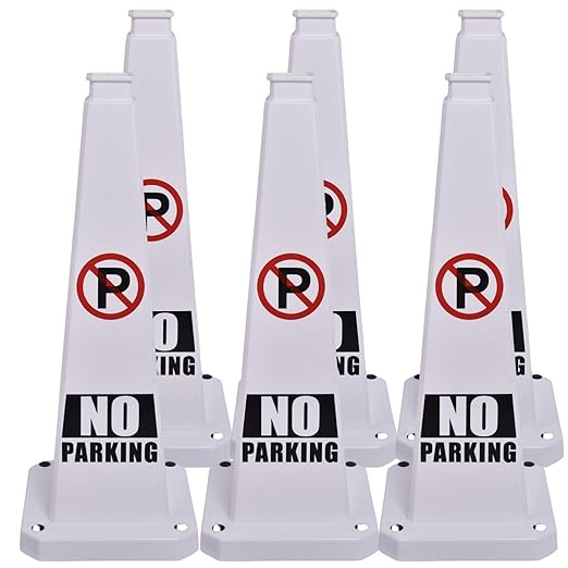 BESEA No Parking Cone 6 Pack, 28" No Parking Sign Cone with Weighted Base, White 4-Sided “ NO Parking” Warning Cone for Driveways Business Parking Lots Garages Indoor/Outdoor
