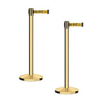 CCW Series RBB-100 - Set of 2 Stanchion Retractable Belt Barriers (11 Foot Belt, Yellow with"Beware Open Pit" Black Letters Belt with Polished Brass Post)