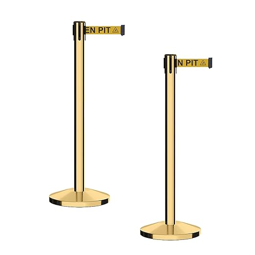 CCW Series RBB-100 - Set of 2 Stanchion Retractable Belt Barriers (7.5 Foot Belt, Yellow with"Beware Open Pit" Black Letters Belt with Polished Brass Post)