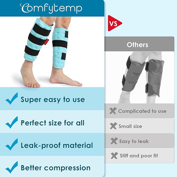 Comfytemp Calf Shin Splint Ice Packs for Injury Reusable, FSA Eligible HSA, Elbow Gel Pad Wrap, Hot Cold Compress Freeze Sleeve for Swelling, Varicose Veins, Tendonitis, Knee, Leg, Surgery Gift, 2 Pcs