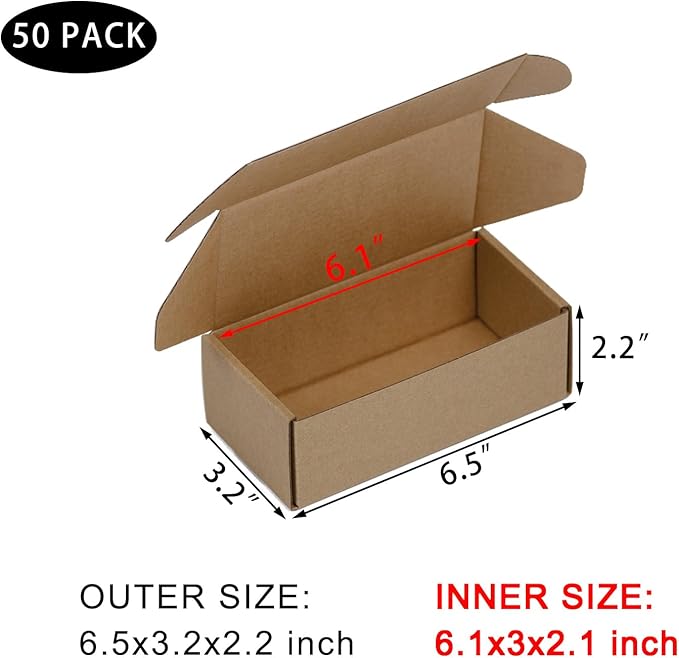 50 Pack 6.5x3.2x2.2 Inches Small Shipping Boxes, Brown Corrugated Cardboard Boxes, Moving Mailing Packing Box