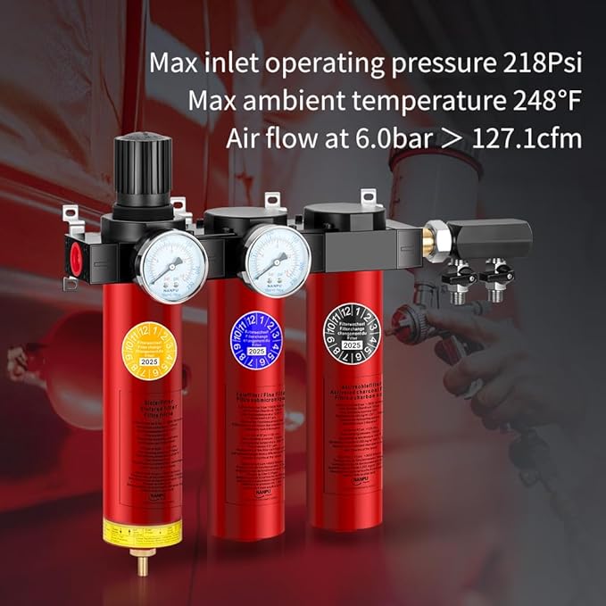 NANPU Z Series 3-Stage Air Filtration System - Sintered, Fine, & Charcoal Filters, 3/4" NPT Inlet, 1/4" NPT Outlet Module, 0-230 psi Gauge, 127 CFM @ 6 bar, Metal Housing, Heat Resistant to 248°F