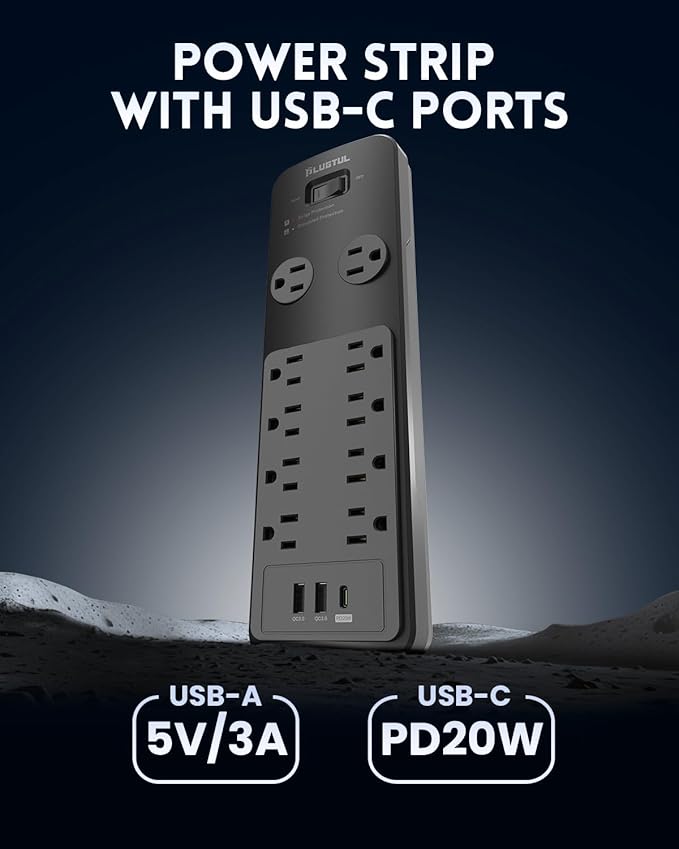 Surge Protector Power Strip 10FT, PLUGTUL Surge Protector with 10 Outlets - Spacious Design for Large Plugs, Flat Plug, 20W USB C Charging for Home, Office, ETL Listed，2040J
