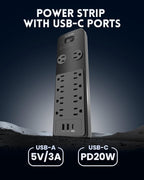 Surge Protector Power Strip 10FT, PLUGTUL Surge Protector with 10 Outlets - Spacious Design for Large Plugs, Flat Plug, 20W USB C Charging for Home, Office, ETL Listed，2040J