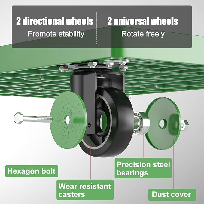 WUD Folding Push Cart Platform Trolley – Thickened Reinforced Steel, 360° Swivel Wheels, 28.7″×19.3″, Load Capacity 661 lb, Green