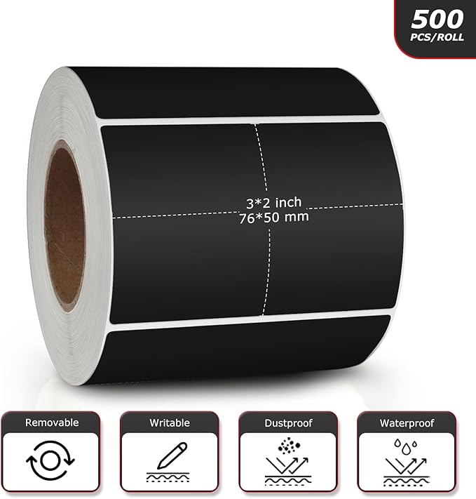 Black Rectangle Stickers 3 x 2 Inch Color Coding Labels Vinyl Roll Self-Adhesive Waterproof Removable 500 PCS