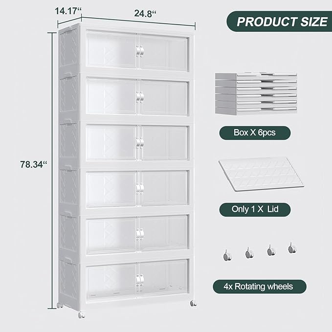 180Gal Stackable Storage Bins with Lid and Wheels, 720QT Plastic Collapsible Storage Boxes with Doors, Closet Organizer and Storage Cabinet for Home Kitchen Office Dorm Room, 6Pack White