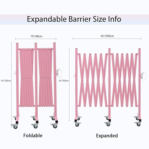 GYMTIME Expandable Metal Barricade, Flexible Mobile Safety Barrier, Folding Security Gate with Casters, Adjustable Traffic Temporary Fence for School, Shopping Mall, 16 Feet, Pale Pink