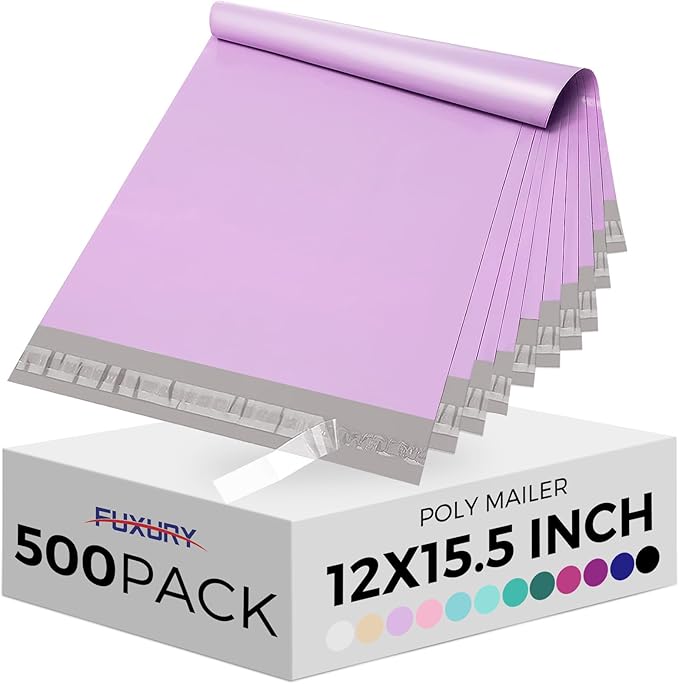 Fuxury Poly Mailers 12x15.5 Inch 500 Pcs, Bulk Shipping Bags for Clothing, Strong Adhesive Shipping Envelopes for Small Business Suppliers,Waterproof Mailers Poly Bags Mailing Envelopes Light Purple