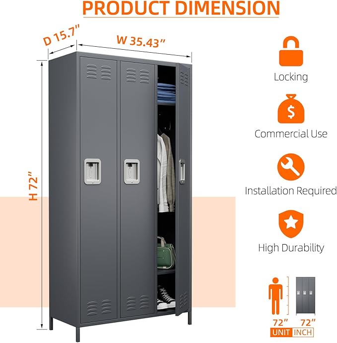 Metal Storage Locker, 72" inch Tall Employee Locker with 3 Doors for Employees School Hospital Garage Gym Home Office with Hooks Requires Assembly (Dark Gray)