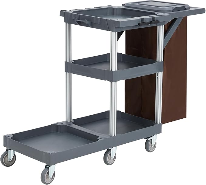 Commercial Janitorial Cart on Wheels, 3-Shelf Cleaning & Housekeeping Cart with Cover and Vinyl Bag for Hotels, Schools, and Business