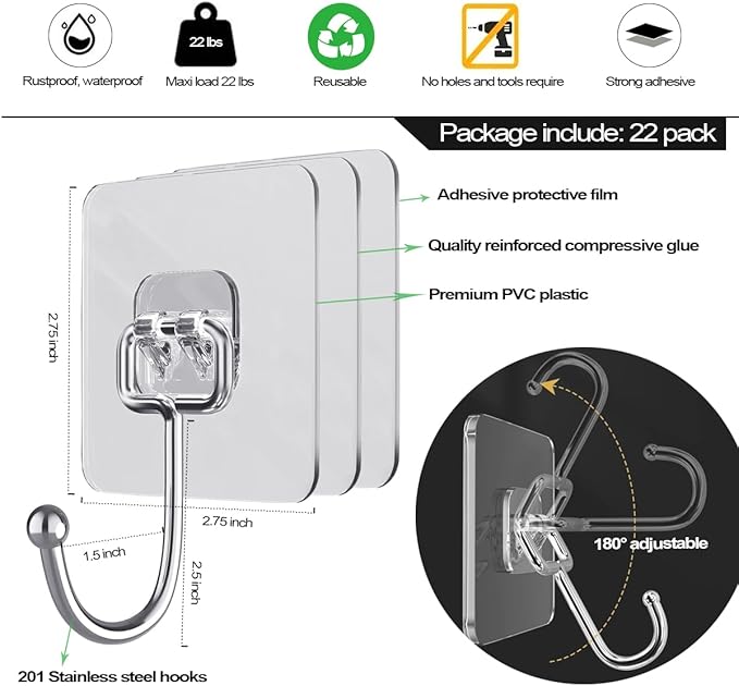 ZESLMG Large Adhesive Hooks for Hanging Wall, 22 Pack Self Sticky Hooks Heavy Duty 22lb Clear, Removable Shower Hook No Damage for Towel Key Coat Wreath Picture Outdoor Bathroom Kitchen, Waterproof