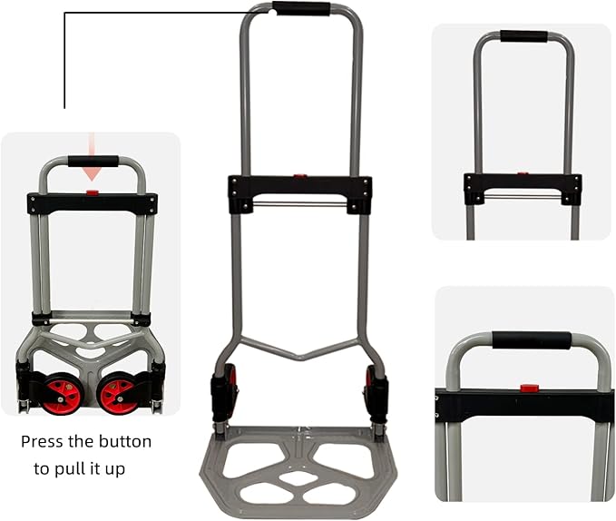 LEADALLWAY Dolly Cart Folding Hand Truck and Dolly,Steel Portable Cart with Telescoping Handle and Nylon+Rubber Wheels 220 lb Capacity