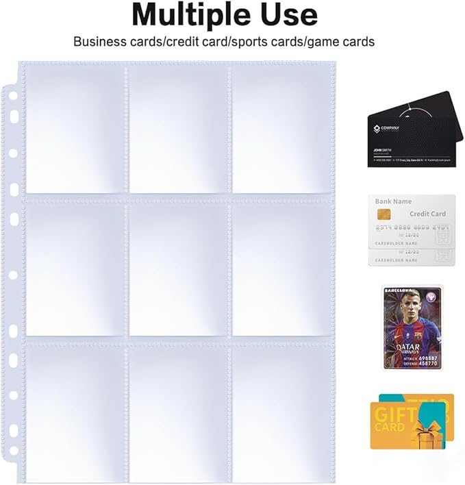 Trading Card Sleeve Pages, HERKKA 200 Pack 9 Pocket Album Pages 11 Holes Fit 3 Ring Binder