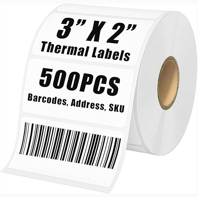 3" x 2" Thermal Labels Stickers White, Thermal Printer Shipping Stickers, Multipurpose Inventory Self-Adhesive Direct Thermal Label for Small Business (500 Labels/Roll)