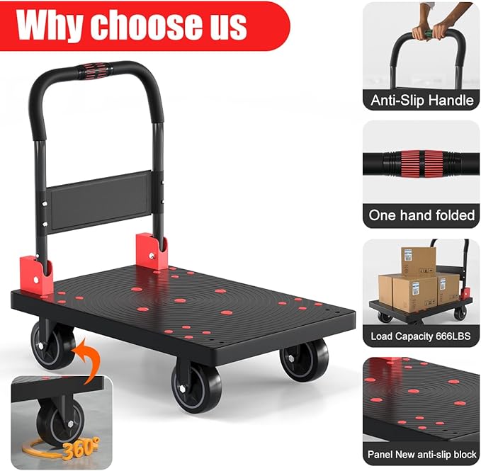 WUD Push Cart, Folding Mobile Platform Trolley,Thickened and Reinforced, 360° Swivel Wheels, 28.7 “L x 19.3 ”W, 661 lb.Black Dolly cart with Wheels