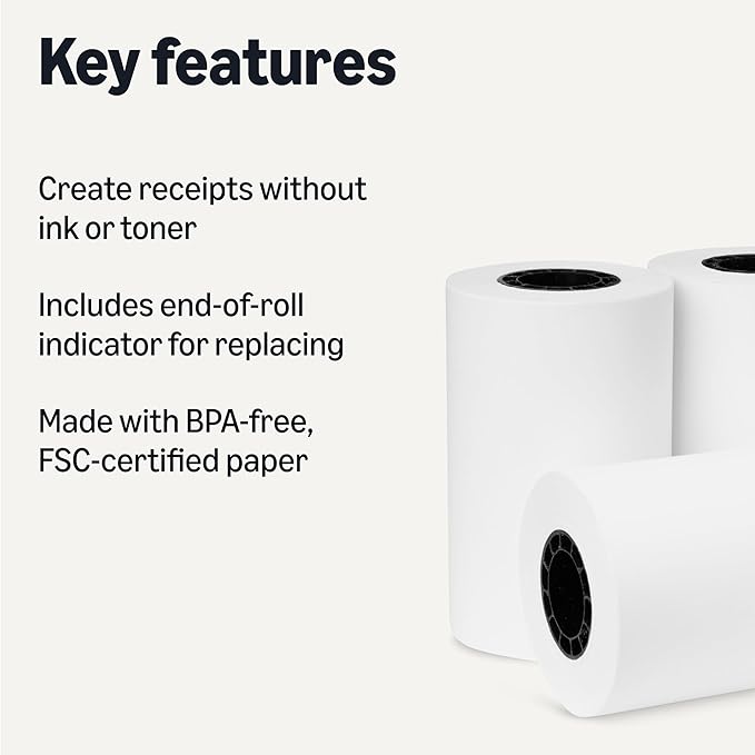 Amazon Basics Thermal Paper Receipt Rolls, POS Receipt, 2 1/4" x 50', 50 Rolls, BPA-Free and FSC Certified, Recycled Materials, White