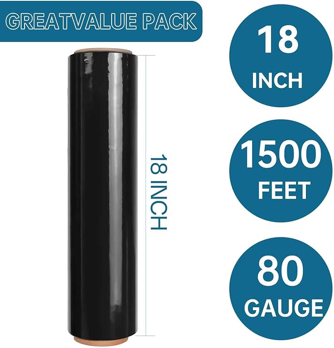 Black Plastic Shrink Wrap Roll, 18 Inch 1500 Feet Stretch Film, 80 Gauge, 800% Stretch Industrial Strength Moving Wrap, Heavy Duty Pallet & Furniture Protection(4 Pack)