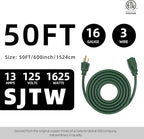 50FT 16/3 Gauge Green Outdoor Extension Cord Waterproof Heavy Duty, 3 Prong Cold Weatherproof -40℉ Flexible Power Cord, 13A 1625W SJTW ETL Listed for Lawn Mower, Christmas Lights, Tools