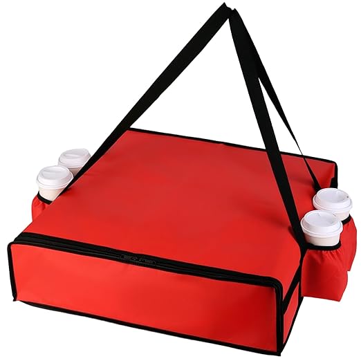 Insulated Pizza Delivery Bag with 4 Cup Holders, 24" x 6" Pizza Warmer Bag for Hot Pizza/Drinks, Pizza Carrier for Events, Large Food Delivery Carrier for Transport/Shopping/Catering, Red