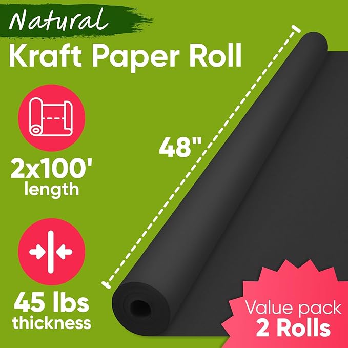 48" x 1200" (100 ft) Black Kraft Paper Roll (Value Pack of 2), 45 lbs Thickness, Made in USA Colored Kraft Paper for School, Bulletin Board - Odorless, Non-Toxic, Safe for Kids