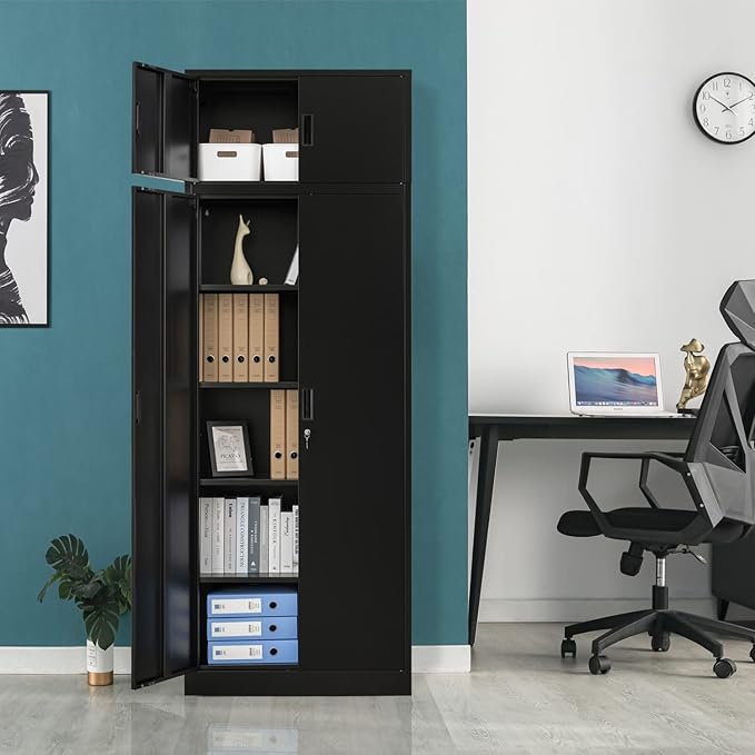BESFUR Metal Storage Cabinet 87" H,Tall Locking Storage Cabinets with Top Cabinet and 4 Adjustable Shelves for Home Office, Garage,School, Apartment, Warehouse, Utility Room，Black