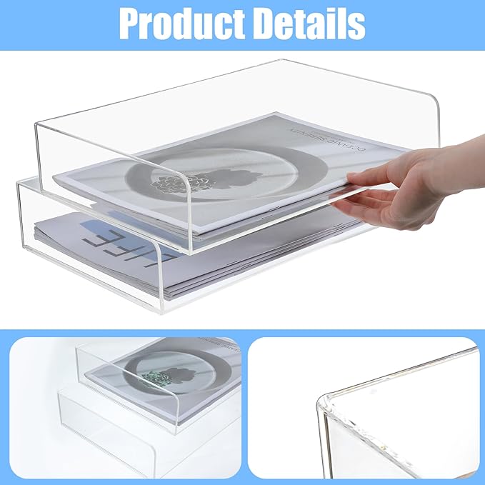 2 Pack Stackable Acrylic Paper Organizer Tray Clear Desk Letter Tray for Office A4 Size Clear Workspace Office Supplies Organizers Transparent Document Sorter