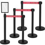 Therwen 6 Pack Heavy Duty Crowd Control Stanchions 9.8 ft Stainless Steel Stanchion Set with 6 Safety Barrier Post Retractable Belt and 1 Sign Holder Crowd Control Barrier(Authorized Belt,Black)