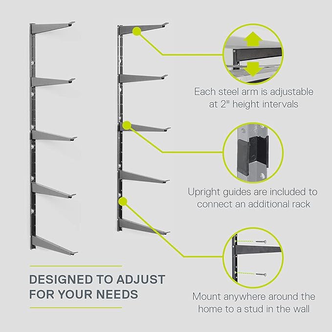 Delta Heavy Duty Lumber Storage Rack Cycle, Holds Up To 800 lbs - Easy to Install Wood Storage Rack With Fully Adjustable Arms - Steel Construction Storage Solution For Garage, Basement & Pantry