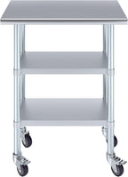 AmGood Stainless Steel Work Table with 2 Shelves and Casters | Metal Utility Table On Wheels (Stainless Steel Work Table with 2 Shelves + Casters, 30" Long x 18" Deep)