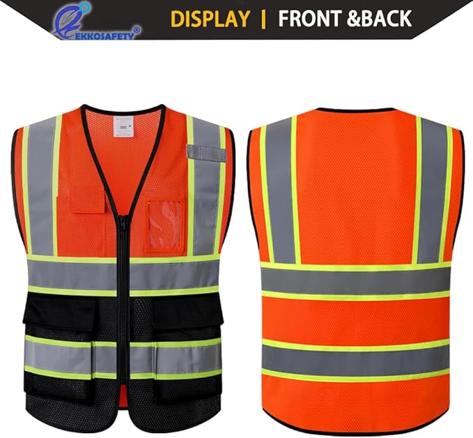 Safety Vest for Men Women Reflective with 5 Pockets and Zipper Front Mesh High Visibility Construction Vest Hi Vis Work Vest,Meets ANSI/ISEA Standards(EK175-Orangeblack-L)