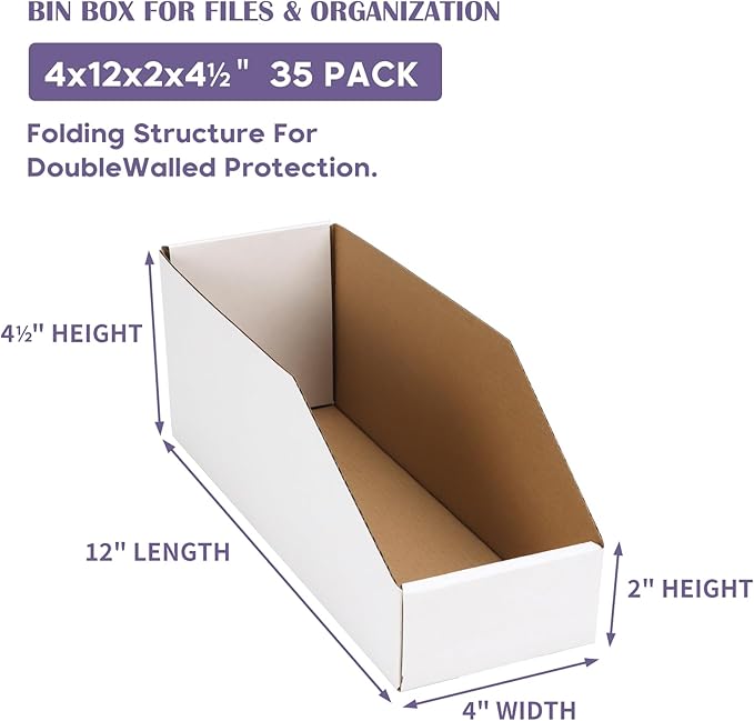 EXYGLO Cardboard Boxes, Pack of 35 Corrugated Storage Bins 12x4x4.5inch Pantry Organizer Bins for Shelves Garage Office Organization