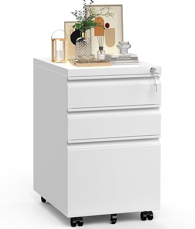 3 Drawer File Storage Cabinet, File Cabinets for Home Office, Metal Rolling Filing Cabinet, Locking File Cabinet for A4/Letter/Lagal Size, Fully Assembled, Matte White