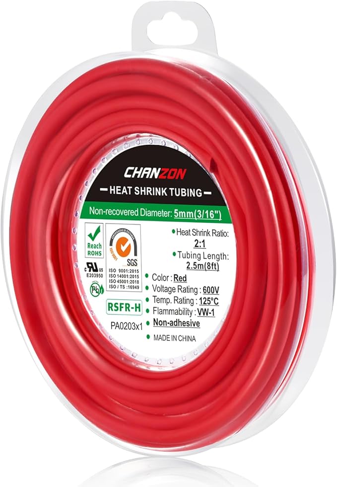 Chanzon 2:1 Ratio 3/16" (5mm) Heat Shrink Tubing 8Ft Roll (2.5M Total Length) Red Polyolefin Sleeving Wrap Shrinking 2 to 1 1pcs