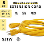 EP 8 Ft Outdoor Extension Cord, 12/3 SJTW Heavy Duty Extension Cable with 3 Prong Grounded Plug, 15 AMP Power Cord for Lawn, Garden, Appliances, Yellow