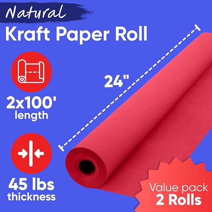 24" x 1200" (100 ft) Red Kraft Paper Roll (Value Pack of 2), 45 lbs Thickness, Made in USA Colored Kraft Paper for School, Bulletin Board - Odorless, Non-Toxic, Safe for Kids