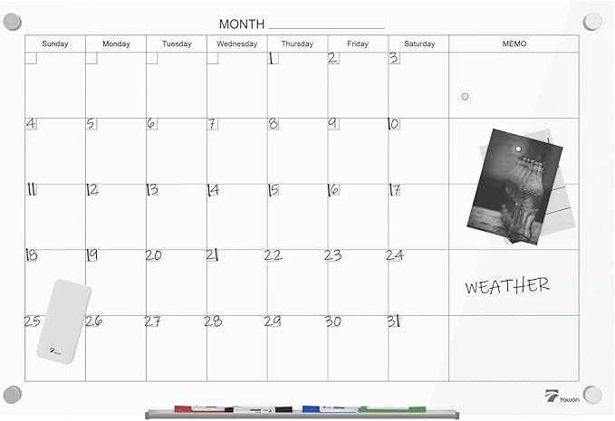 TOWON 47 x 35 Inch Large Glass Dry Erase Board, Magnetic Whiteboard Calendar, Monthly Planner Set, White