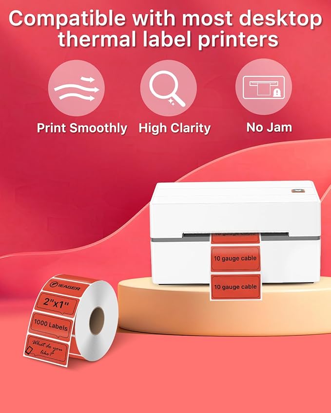 iEager 2x1 Inch Thermal Labels, Red Rectangle Thermal Printer Stickers, Durable Shipping Label Printer Sticker for Barcode, Name, Address, 1000 Labels/Roll