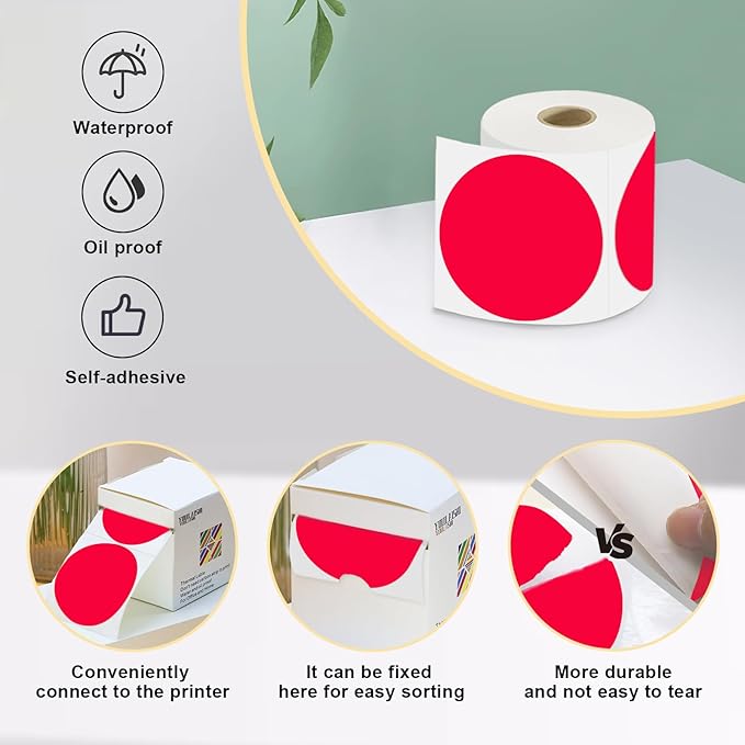 3 x 3Inch Round Color Coding Labels Circle Thermal Labels Printable Waterproof 500Pcs Round Stickers Adhesive Writable for Office,Home,Garage,DIY Sticker,Barcodes,Name Tag, Red