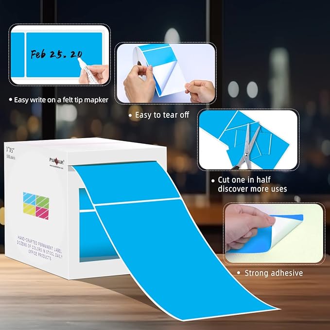PARLAIM 3 X 5 Inch Rectangle Permanent Adhesive Color Coding Stickers,Square Sky Blue Inventory Stickers -500 Per Dispenser Box(Sky Blue)