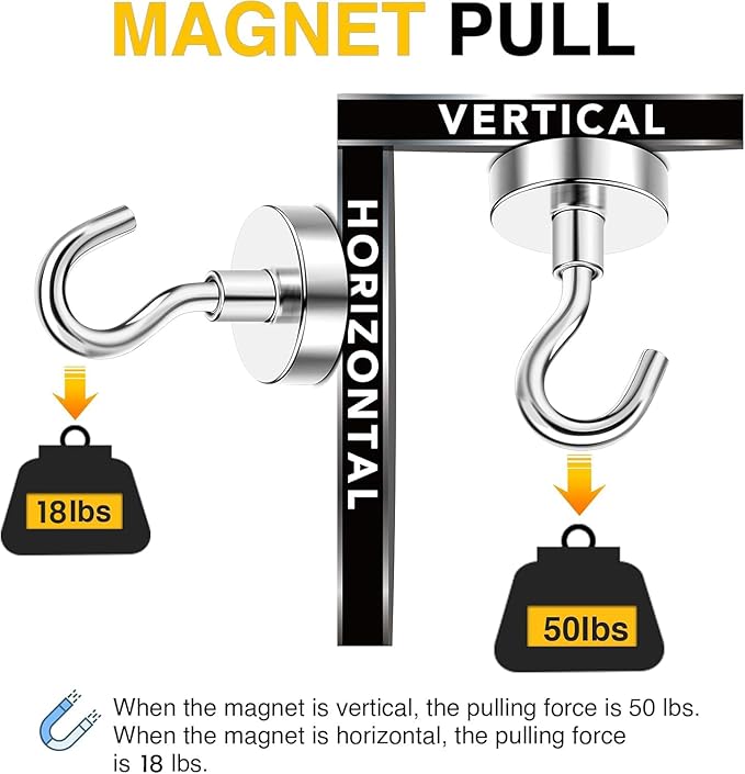 DIYMAG Magnetic Hooks, 50 LB Heavy Duty Magnets, 6 Packs Strong Rare Earth Neodymium Magnet Hook for Hanging, Magnetism Hanger for Curtain, Home, Kitchen, Workplace