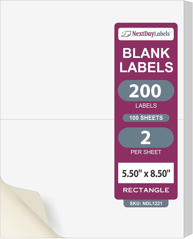 NextDayLabels – 8-1/2" x 5-1/2" Rectangular Sticker Labels for Printer - White Laser/Inkjet Printer Labels Return Address Labels Shipping Label Stickers (100 Sheets, 2 Per Sheet, 200 Labels)